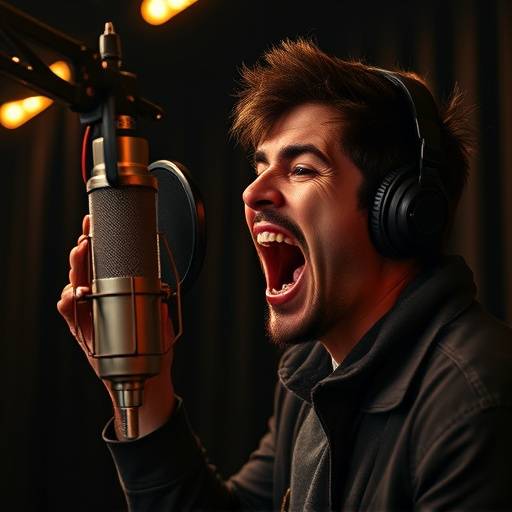 A solo artist singing with passion in the vocal booth, showcasing the intensity of the recording process.