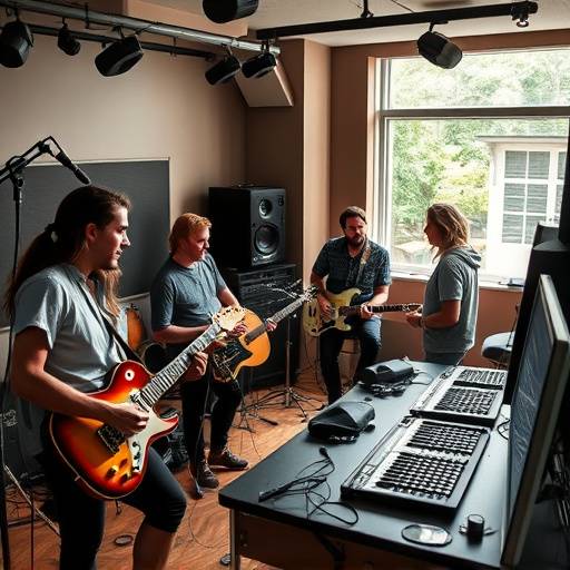 Band members collaborating and brainstorming in the studio control room.